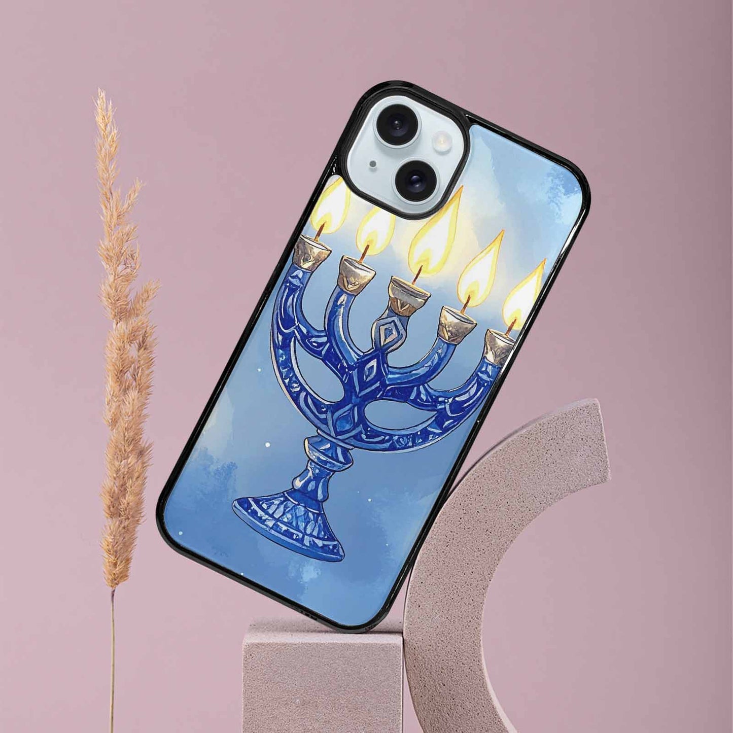 iPhone 15 Plus Case — Hanukkah Menorah Pattern Seamless Repeat Jewish, Custom Printed Phone Case
