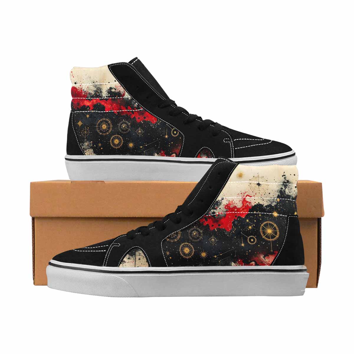 MEN'S Zodiac Black & Red Ink High Top Canvas Artist-designed Y2K Shoes
