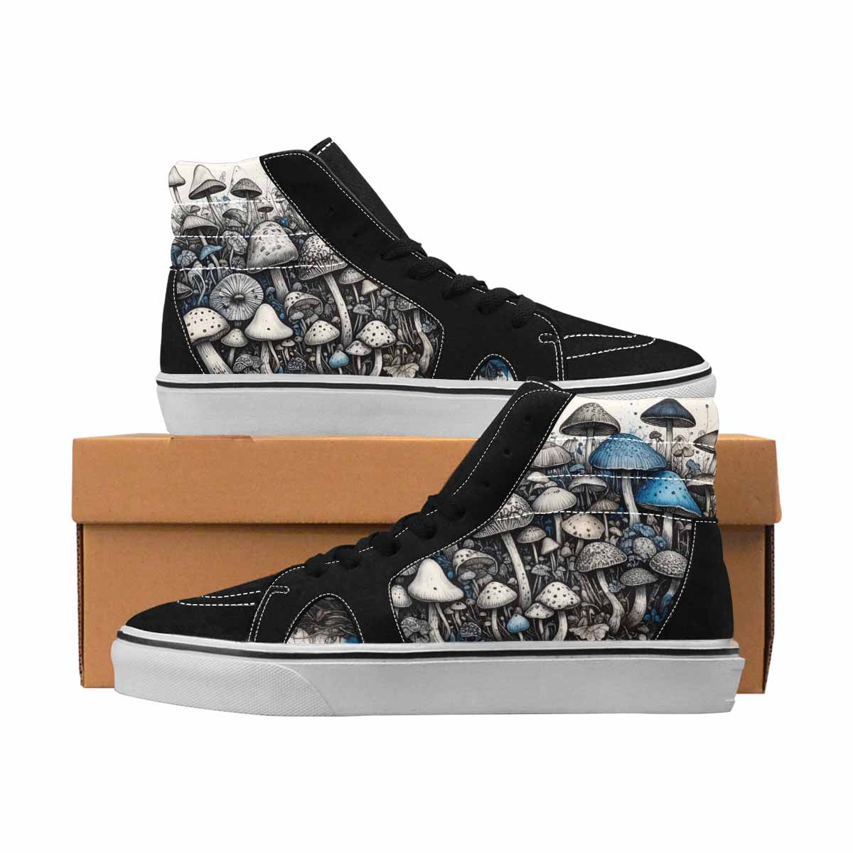 MEN'S Mushrooms Black & Blue Ink High Top Canvas Streetwear Dark Academia Custom Art Shoes