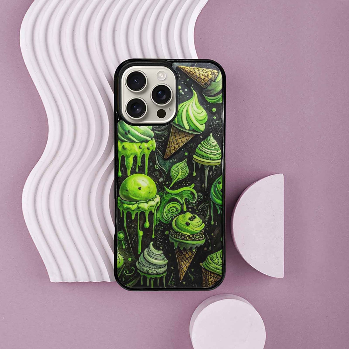 iPhone 16 Pro Max Case — Ice Cream Motif Black Green Ink, Personalized Phone Case