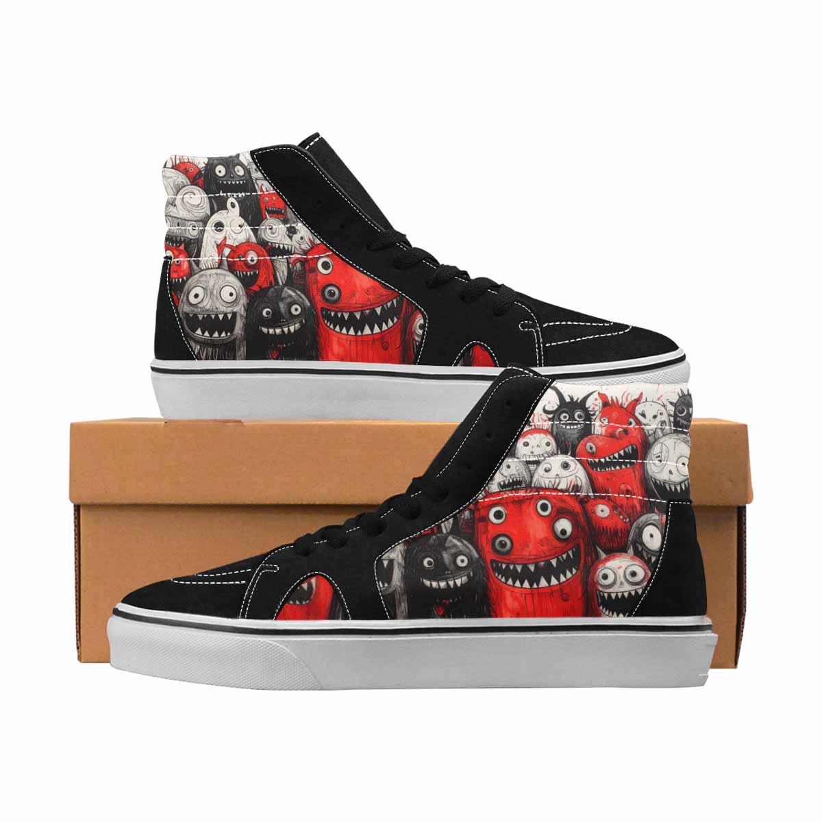MEN'S Monsters Black & Red Ink High Top Canvas Statement Y2K Sneakers