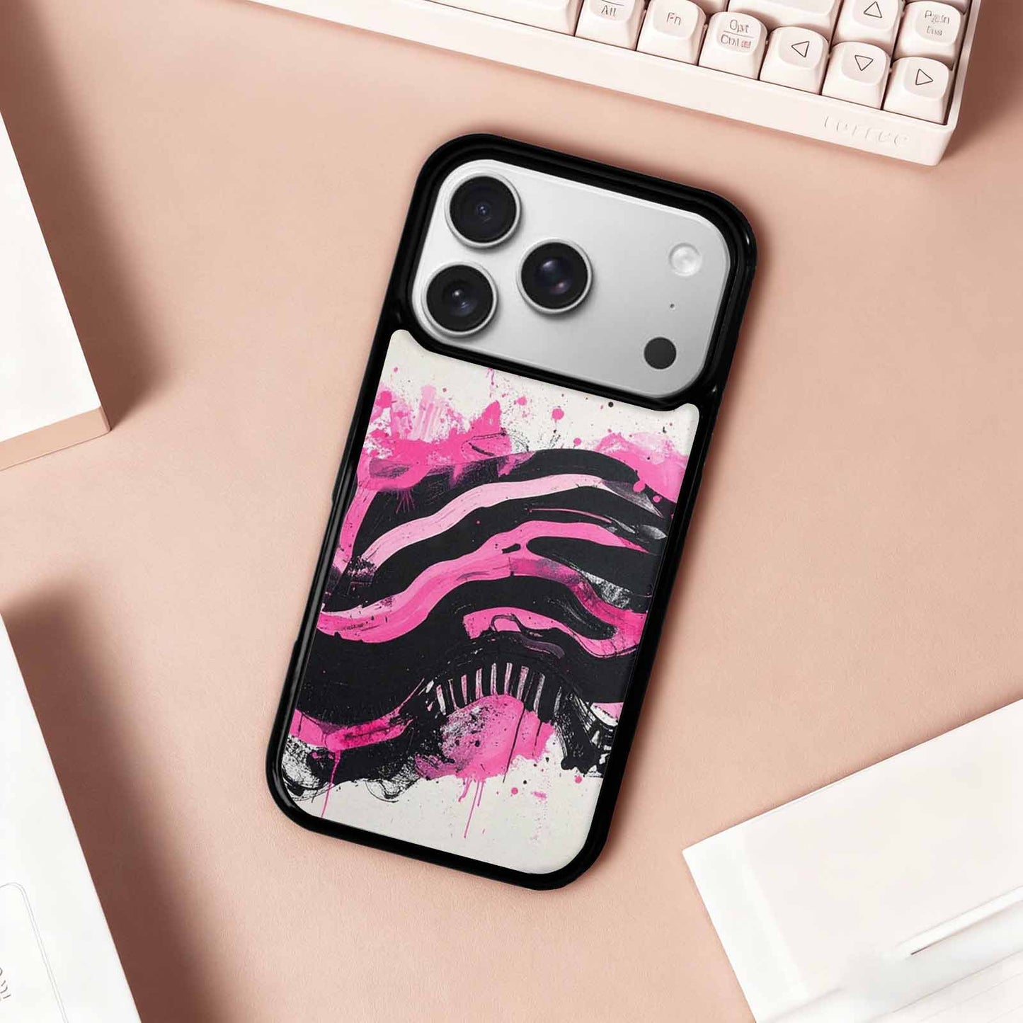 iPhone 17 Pro Case — Black Pink Ink Zebra Stripe Animal, Custom Print Case Cover