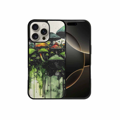 iPhone 16 Pro Max Case — Rainbow Drip Mushrooms Black Green Ink, Custom Art Phone Cover