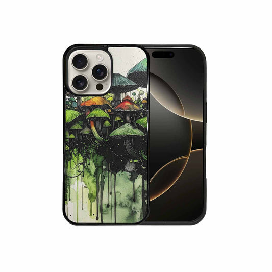 iPhone 16 Pro Max Case — Rainbow Drip Mushrooms Black Green Ink, Custom Art Phone Cover
