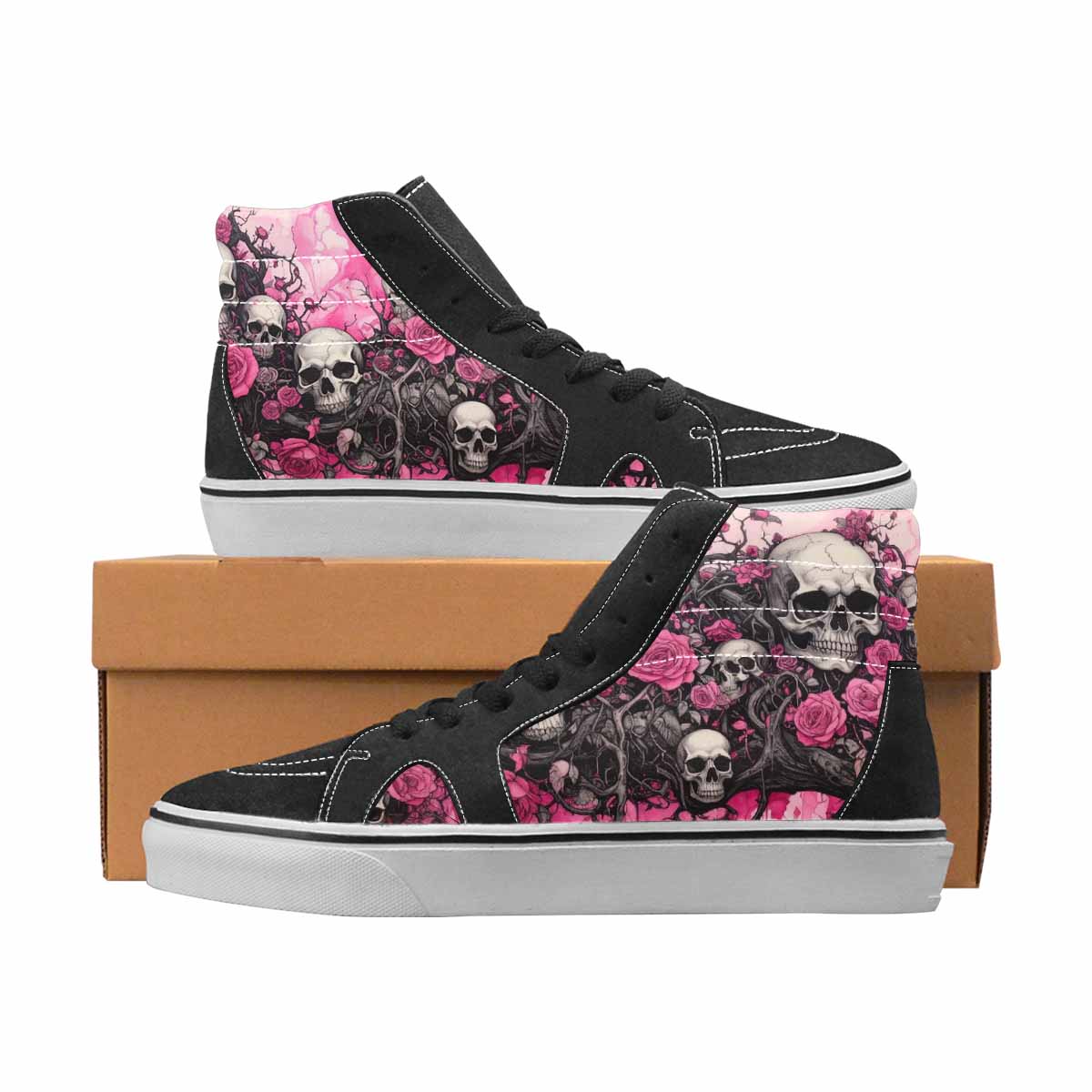 WOMEN'S Skulls Black & Pink Ink High Top Canvas Custom Design Cottagecore Limited Edition Sneakers
