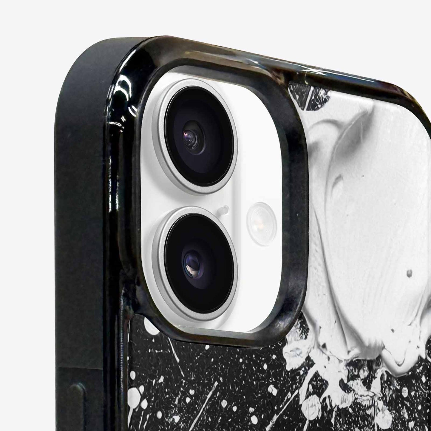 iPhone 16 Case — White Ink Splatter Texture On Black, Custom Made Phone Cover