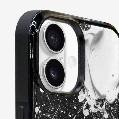 iPhone 16 Case — White Ink Splatter Texture On Black, Custom Made Phone Cover