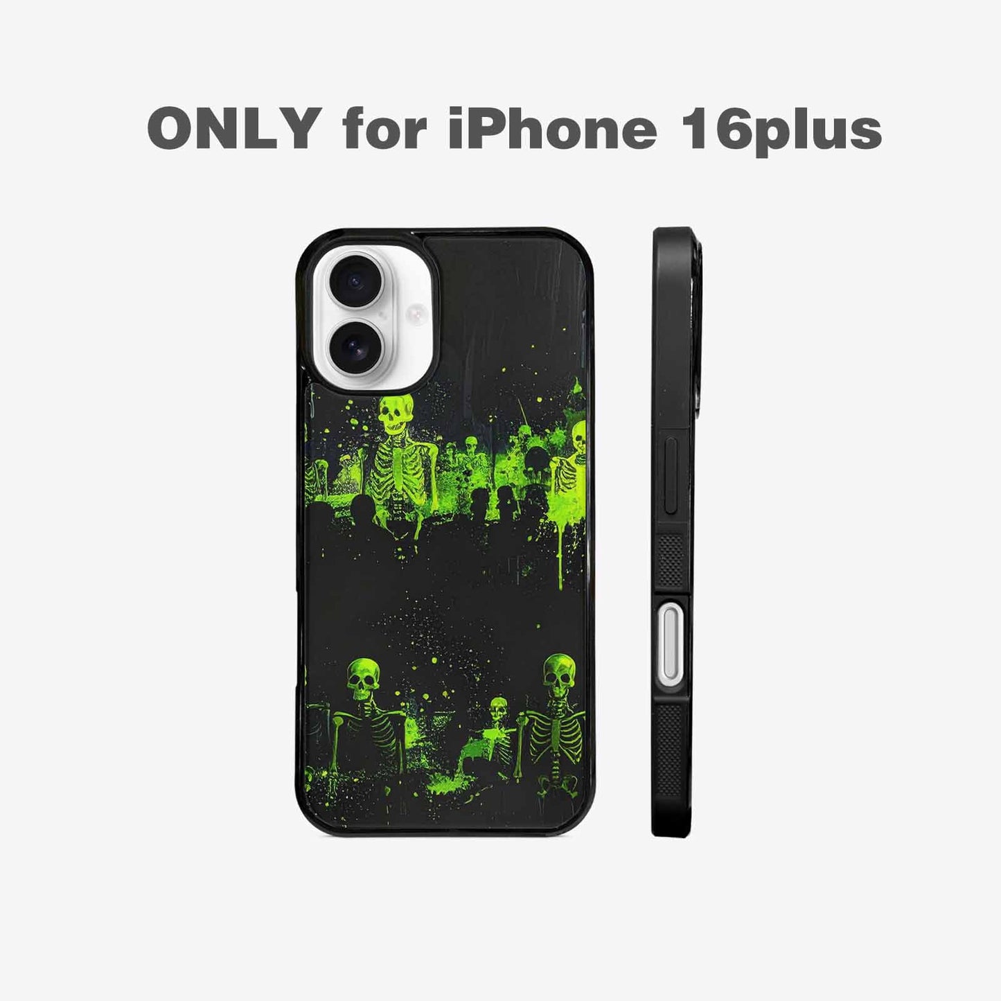 iPhone 16 Plus Case — Skeletons Neon Green Glow Skeletons Pattern, Custom Printed Phone Case