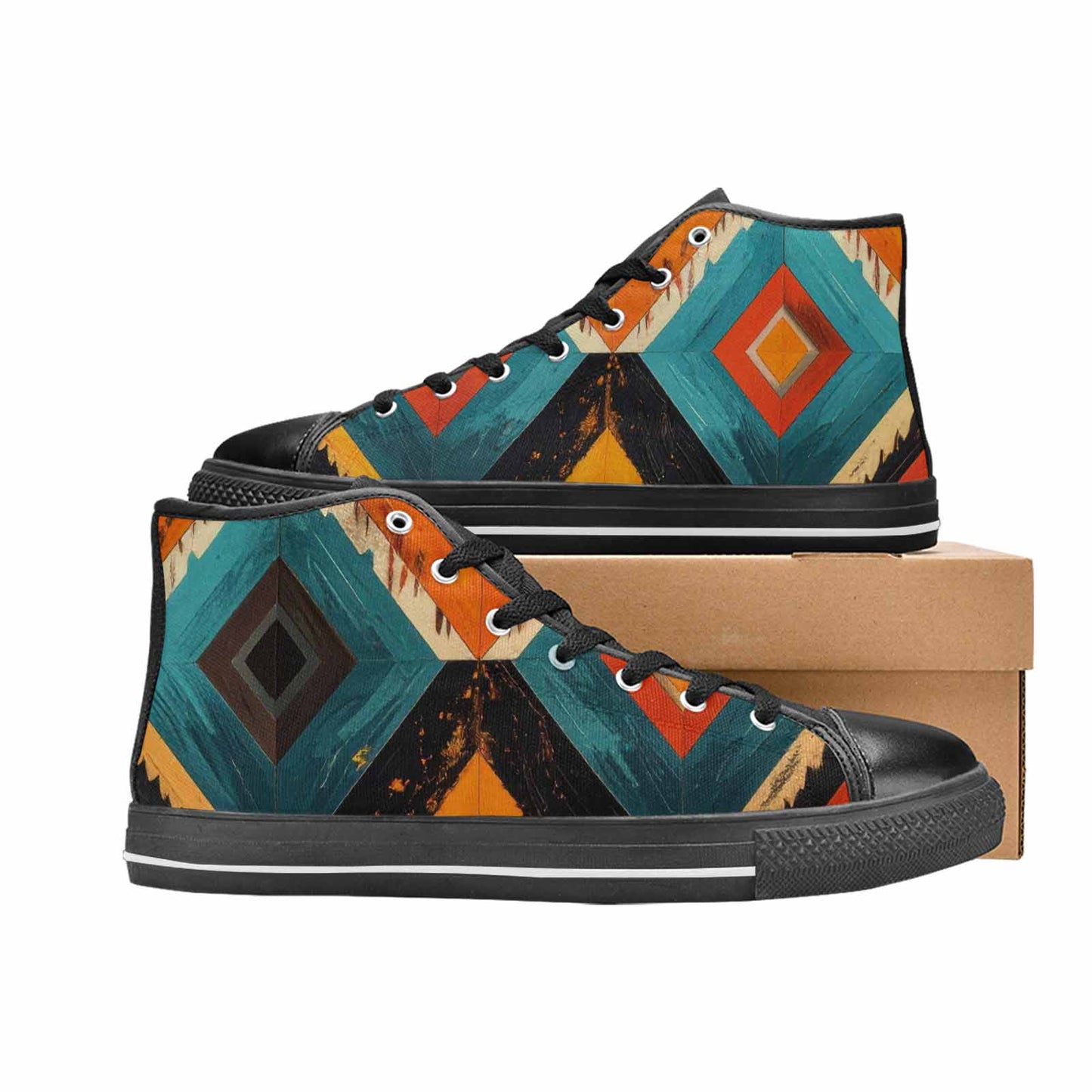 WOMEN'S Southwestern Geometric Diamond High Top Canvas Wallpaper Art Sneakers