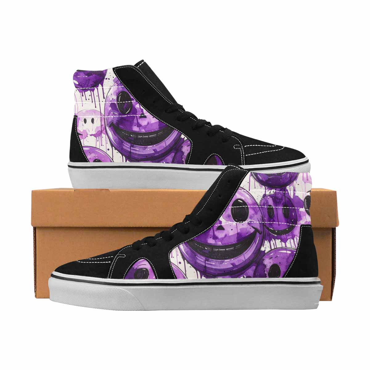 MEN'S Smiley Face Black & Purple Ink High Top Canvas Wearable Art Neon Fantasy Custom Streetwear Shoes