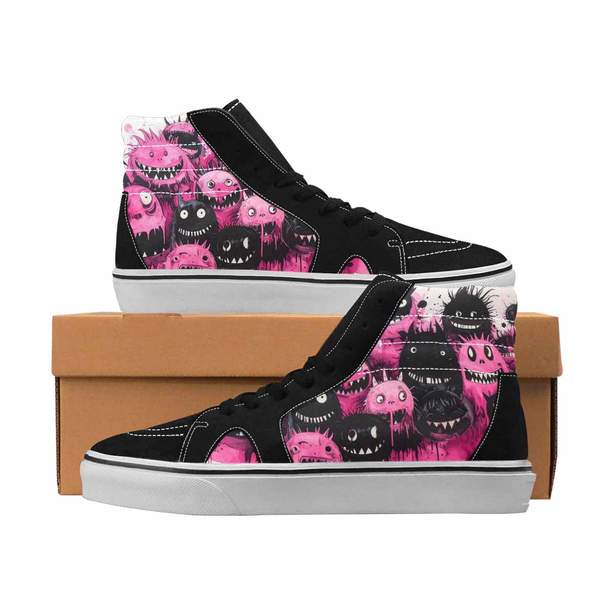 MEN'S Monsters Black & Pink Ink High Top Canvas Custom Fashion Neon Fantasy Custom Shoes