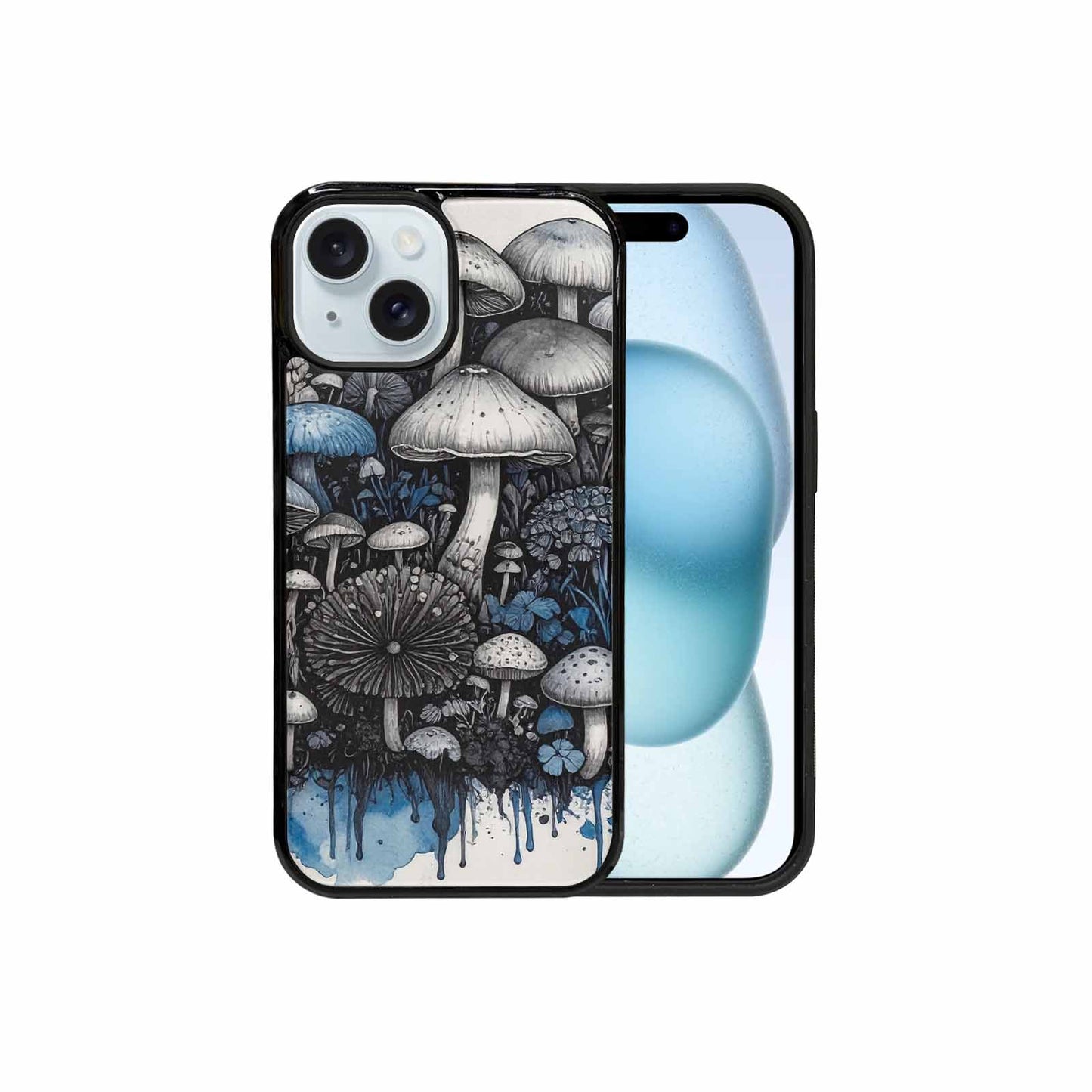 iPhone 15 Case — Mushrooms General Black Blue Ink Mushrooms, Custom Phone Case