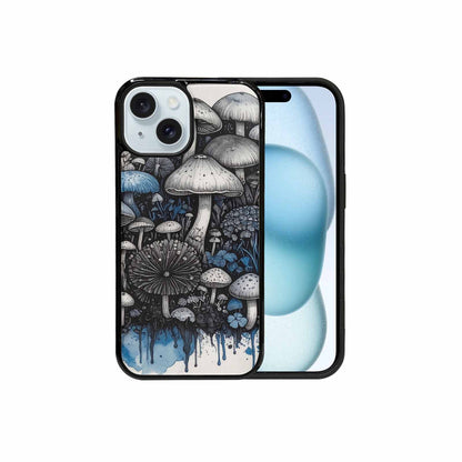 iPhone 15 Case — Mushrooms General Black Blue Ink Mushrooms, Custom Phone Case
