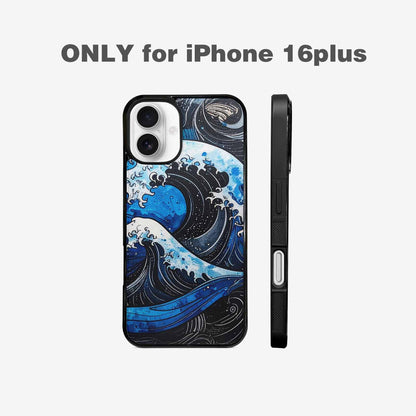 iPhone 16 Plus Case — Nautical Wave Black Blue Ink Wave, Custom Art Phone Cover