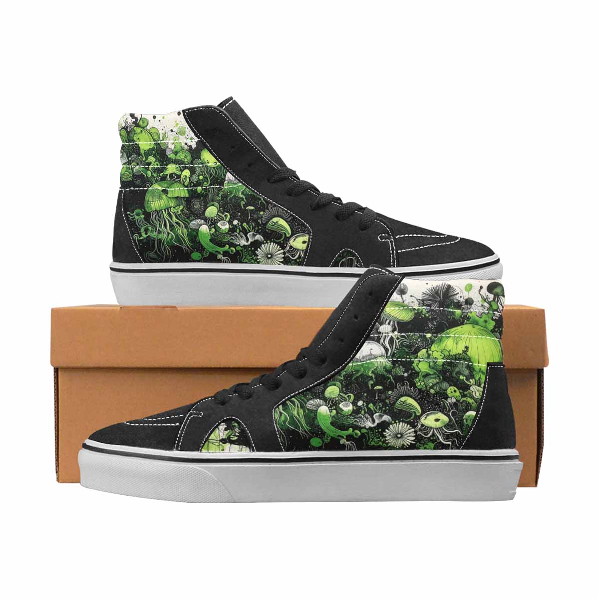 WOMEN'S Sea Creatures Black & Green Ink High Top Canvas Graphic Print Vivid Original Art Sneakers