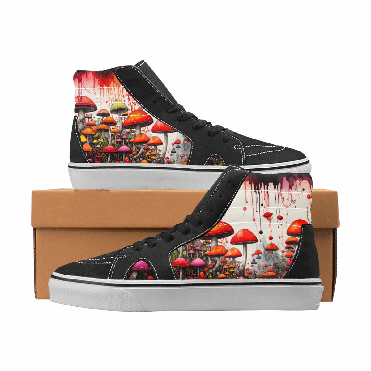 WOMEN'S Mushrooms Black & Red Ink High Top Canvas One Of A Kind Aesthetic Shoes