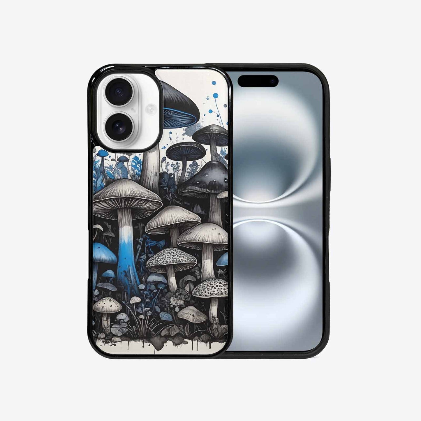 iPhone 16 Case — Mushrooms General Black Blue Ink Mushrooms, Custom Print Case Cover