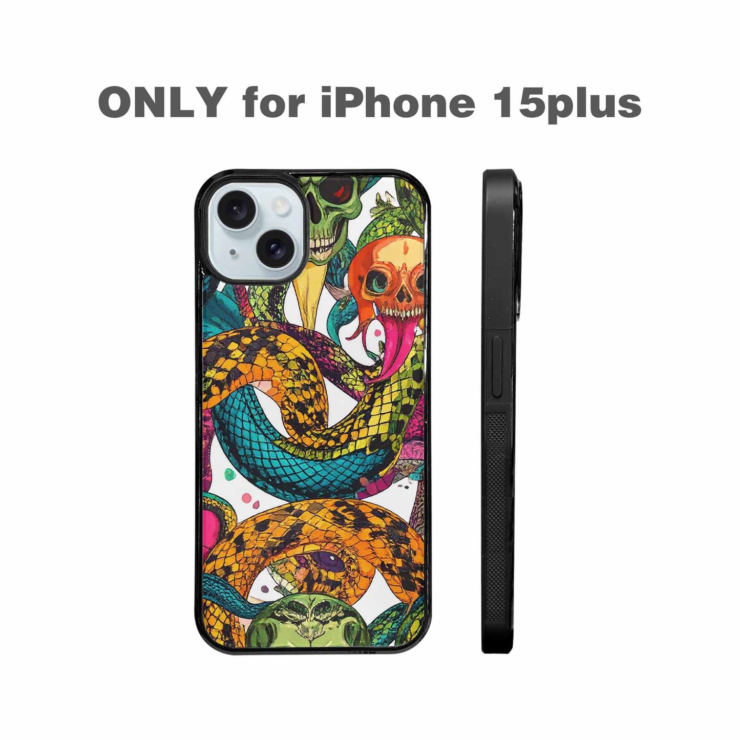 iPhone 15 Plus Case — Snake Print Skull, Custom Made Phone Cover