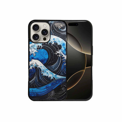 iPhone 16 Pro Max Case — Nautical Wave Black Blue Ink Wave, Custom Made Phone Cover