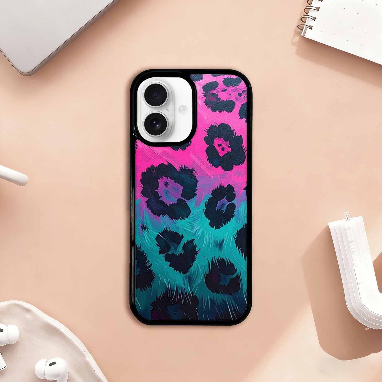 iPhone 17 Case — Leopard Neon Pink Teal Airbrush Animal, Custom Art Phone Cover