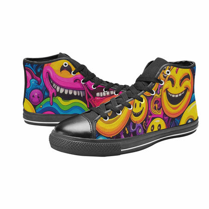 MEN'S Yellow Smiley Face High Top Canvas Grunge Custom Sneakers
