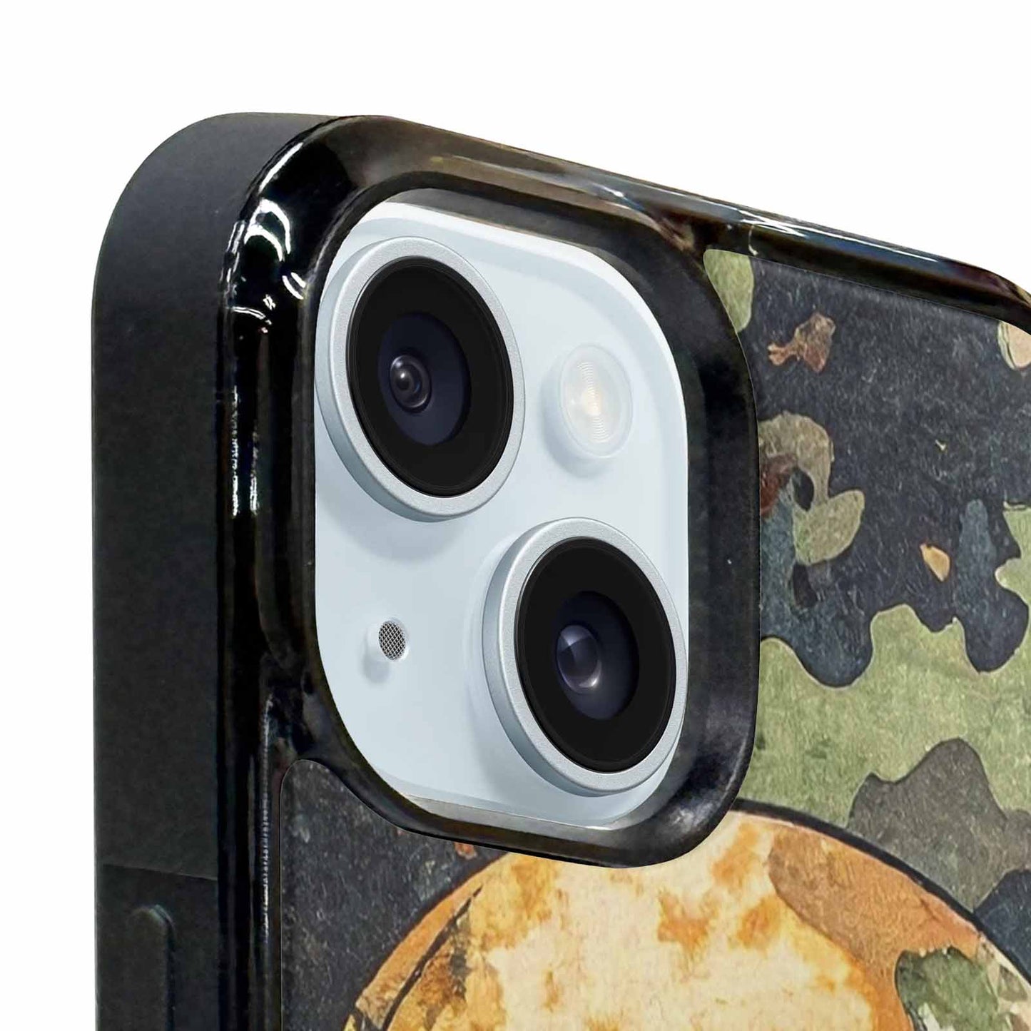 iPhone 15 Plus Case — Military Camo Texture Combined With Distressed, Custom Designed Case Cover