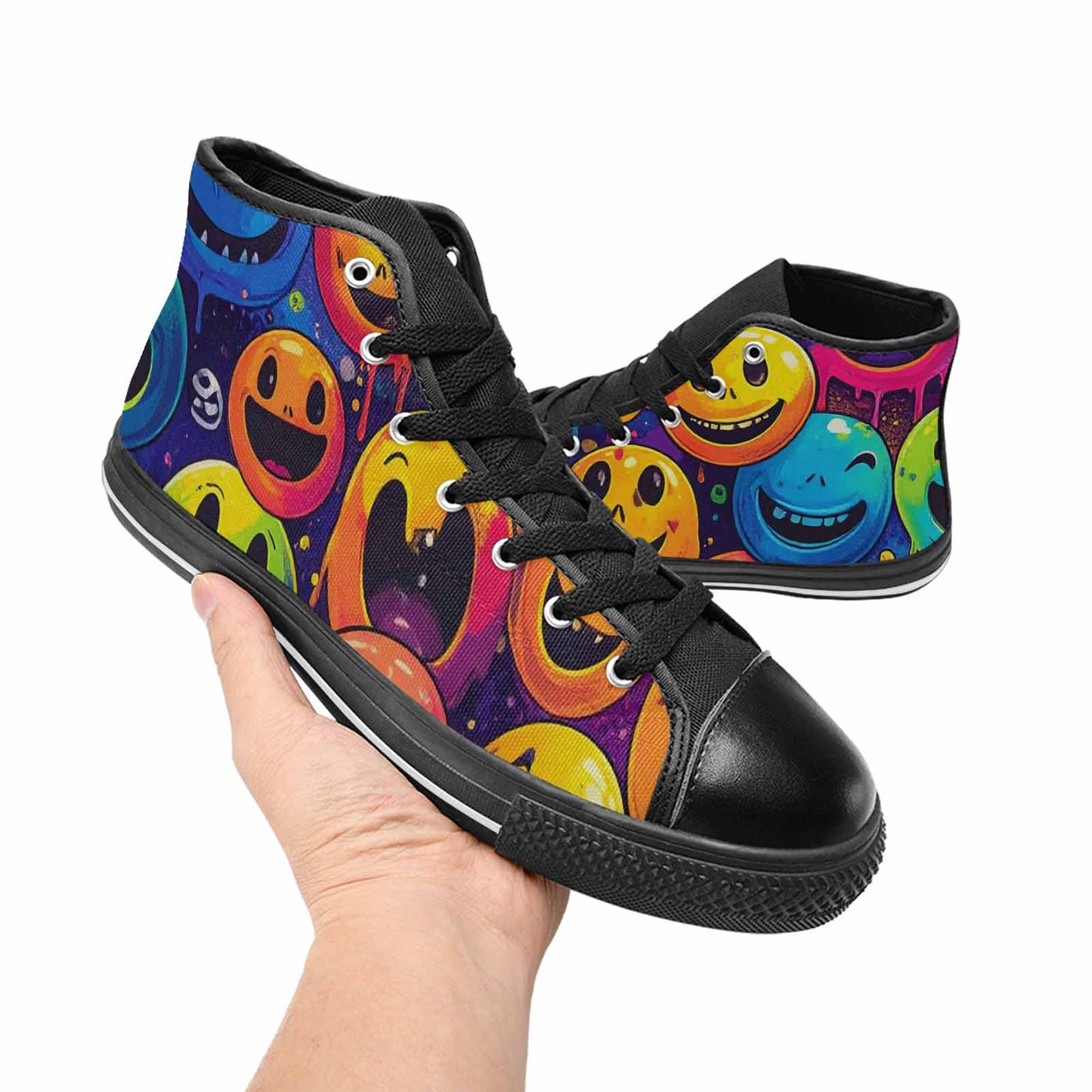 MEN'S Yellow Smiley Face High Top Canvas Wallpaper Art Custom Sneakers