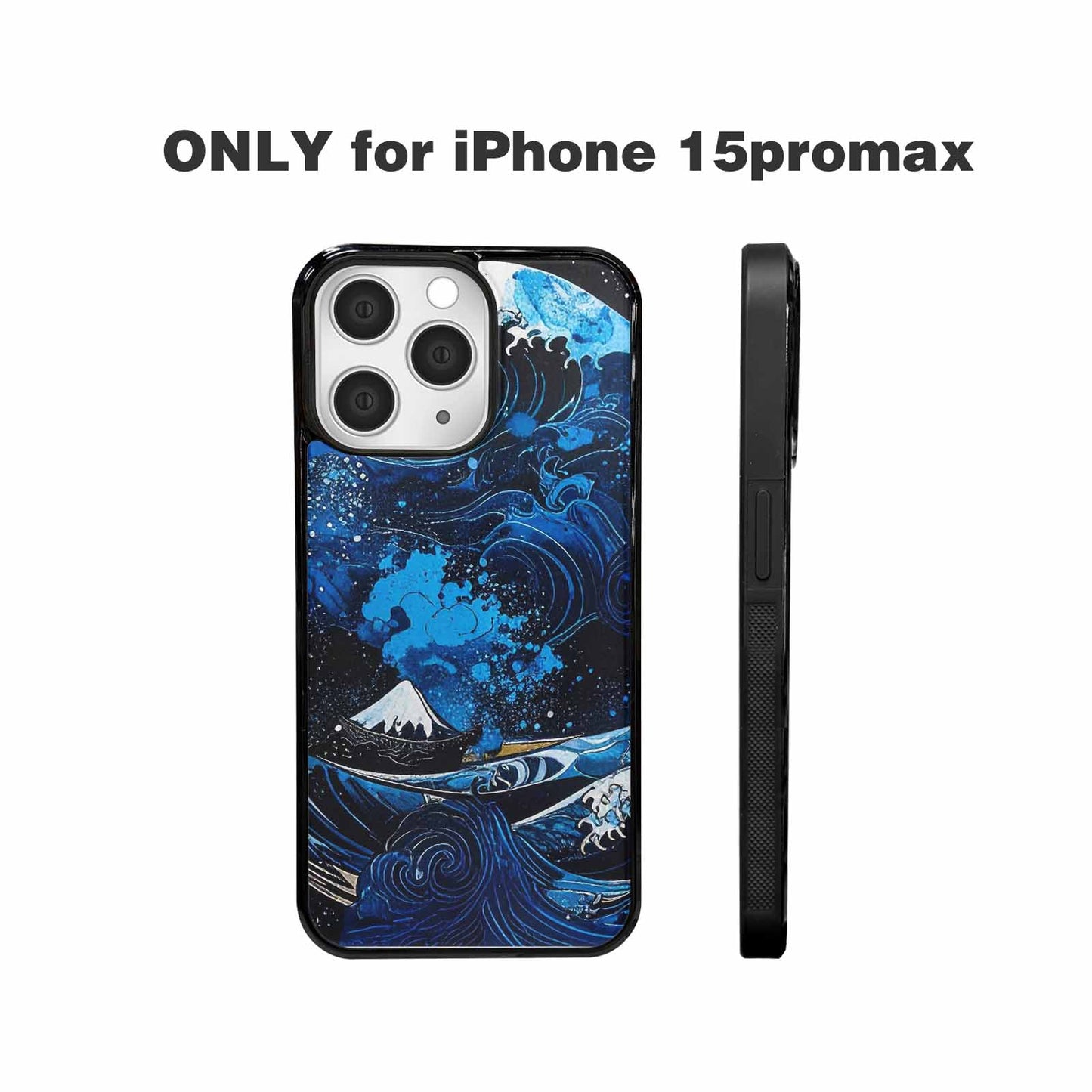 iPhone 15 Pro Max Case — Nautical Wave Black Blue Ink Wave, Custom Made Phone Cover