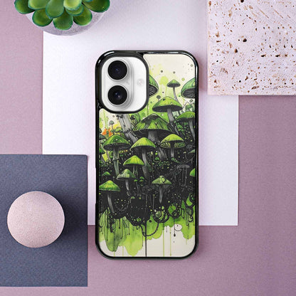 iPhone 16 Case — Rainbow Drip Mushrooms Black Green Ink, Custom Print Case Cover