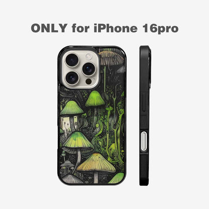iPhone 16 Pro Case — Rainbow Drip Mushrooms Black Green Ink, Unique Phone Case Design