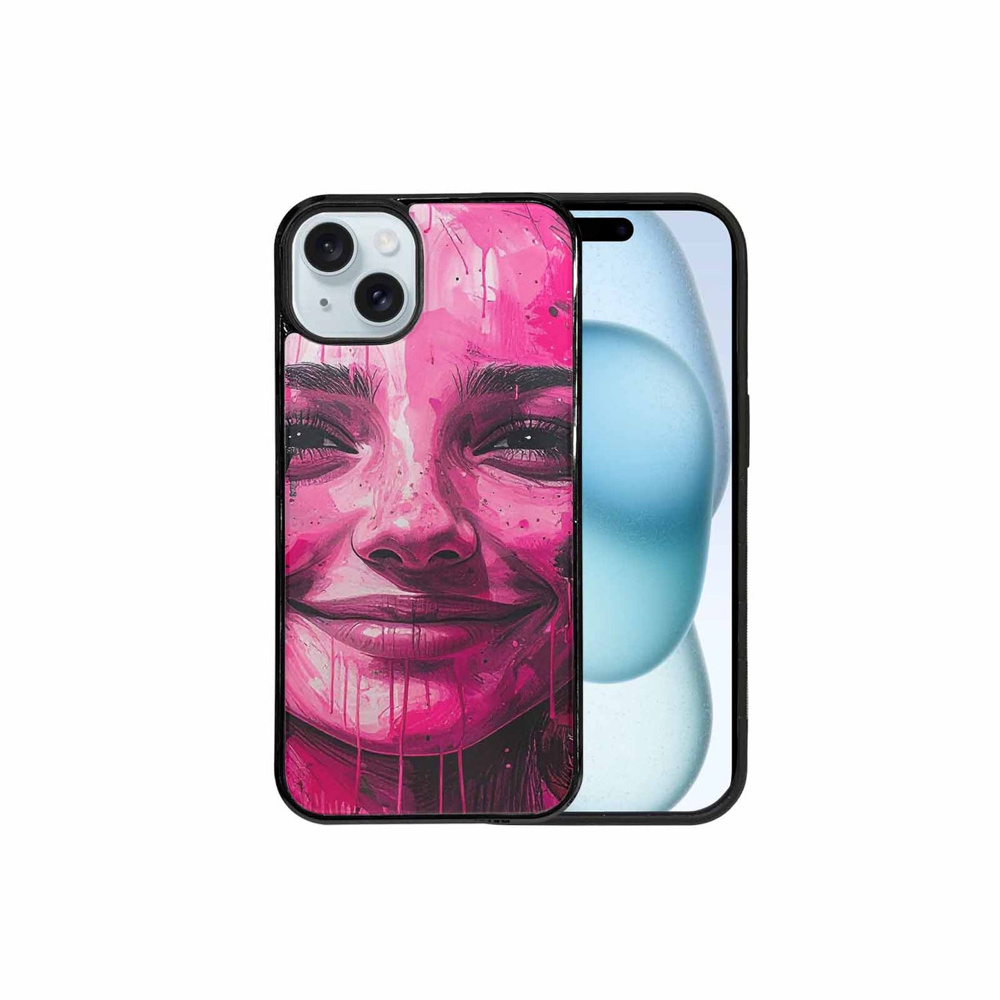 iPhone 15 Plus Case — Melting Moon Smiley Black Pink Ink, Custom Made Phone Cover