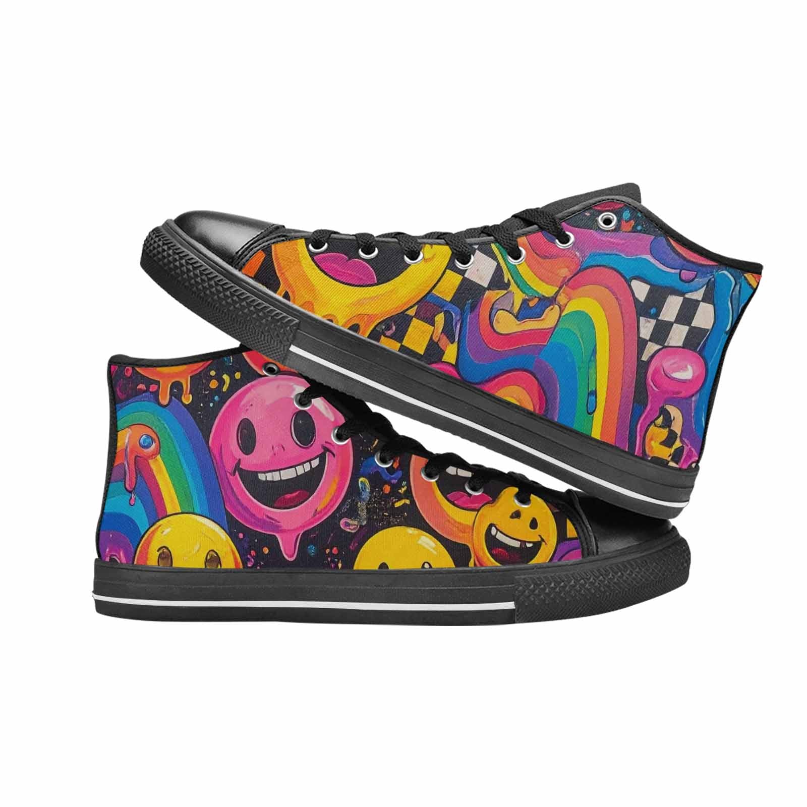 MEN'S Yellow Smiley Face High Top Canvas Grunge Sneakers