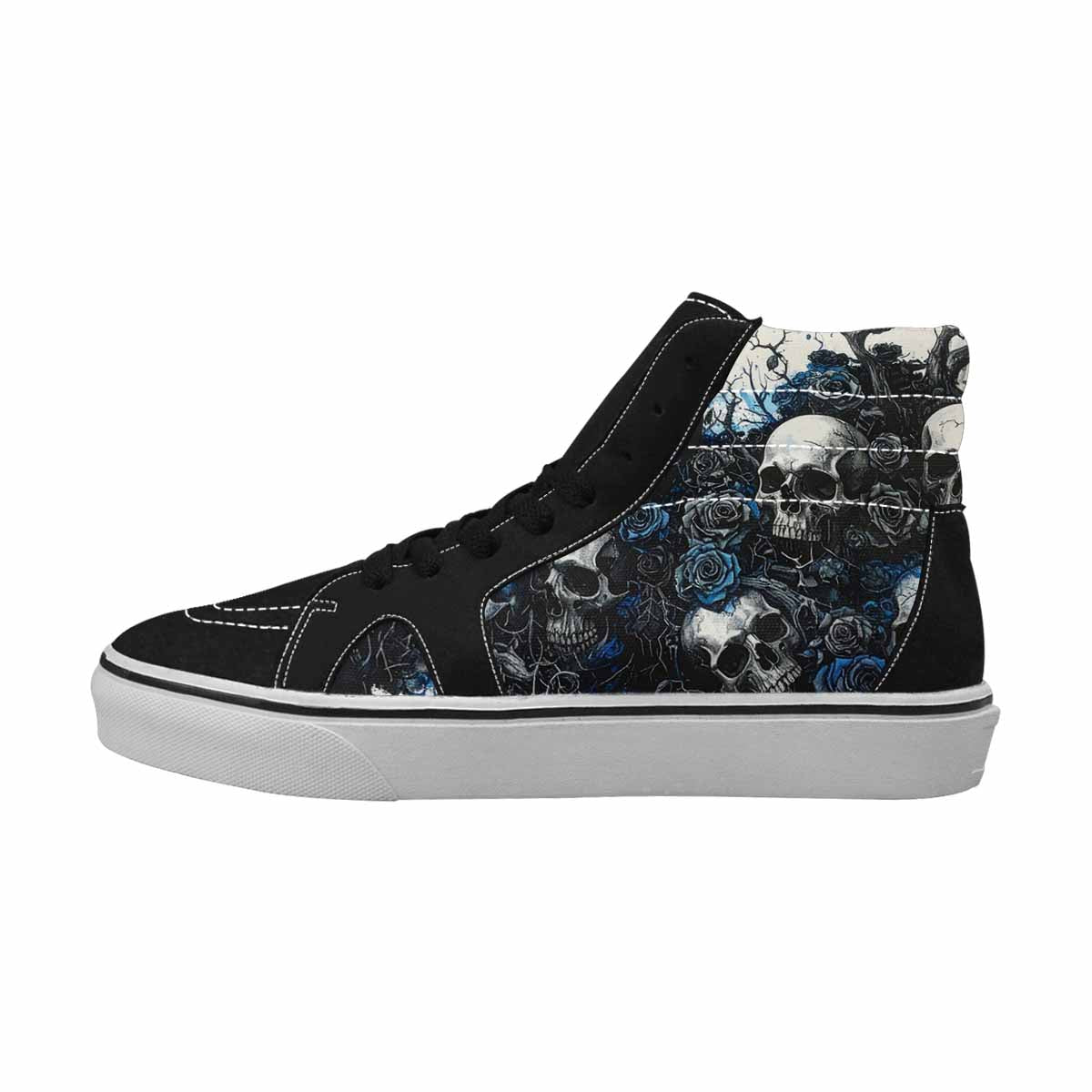 WOMEN'S Skulls Black & Blue Ink High Top Canvas Wearable Art Cottagecore Custom Streetwear Shoes
