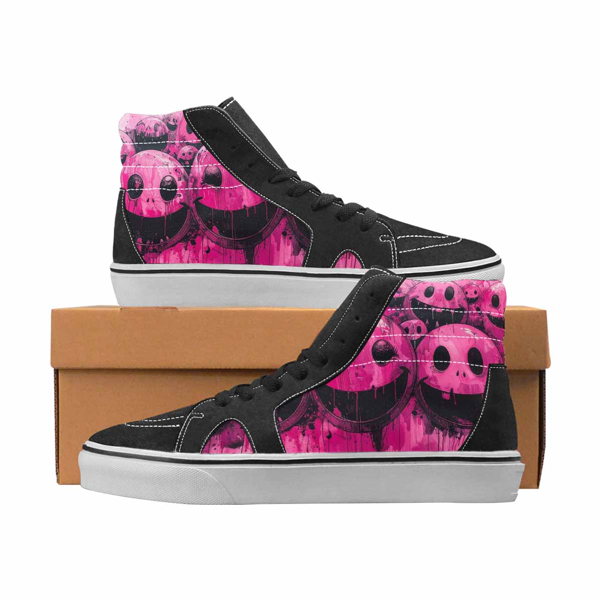 WOMEN'S Smiley Face Black & Pink Ink High Top Canvas One Of A Kind Y2K Customized Sneakers