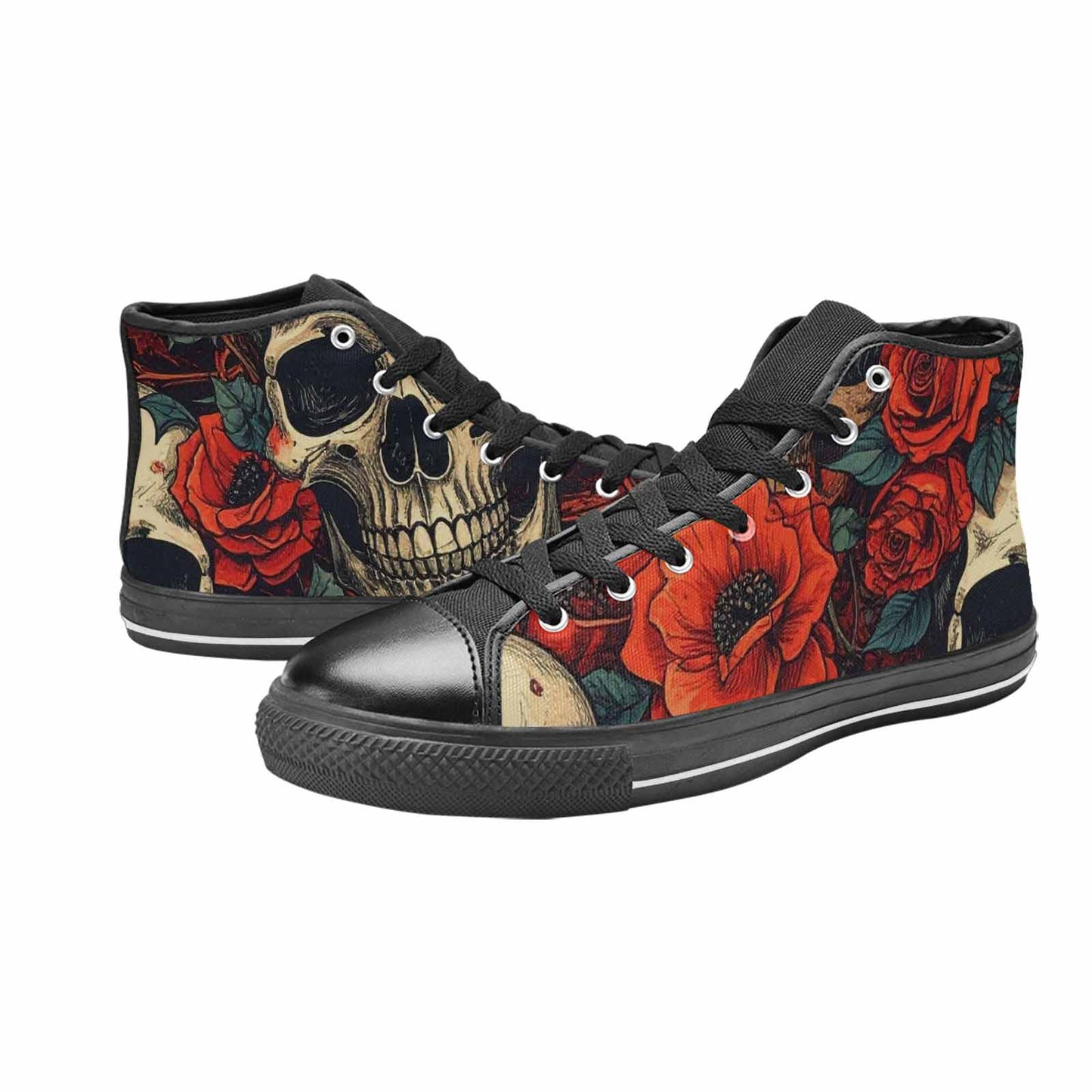 MEN'S Skulls Roses Bold Pen Ink High Top Canvas Wallpaper Art Custom Shoes