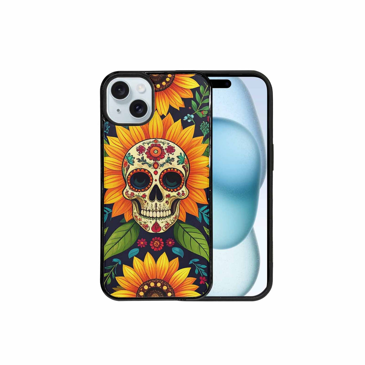 iPhone 15 Plus Case — Sunflowers And Skulls, Custom Made Phone Cover