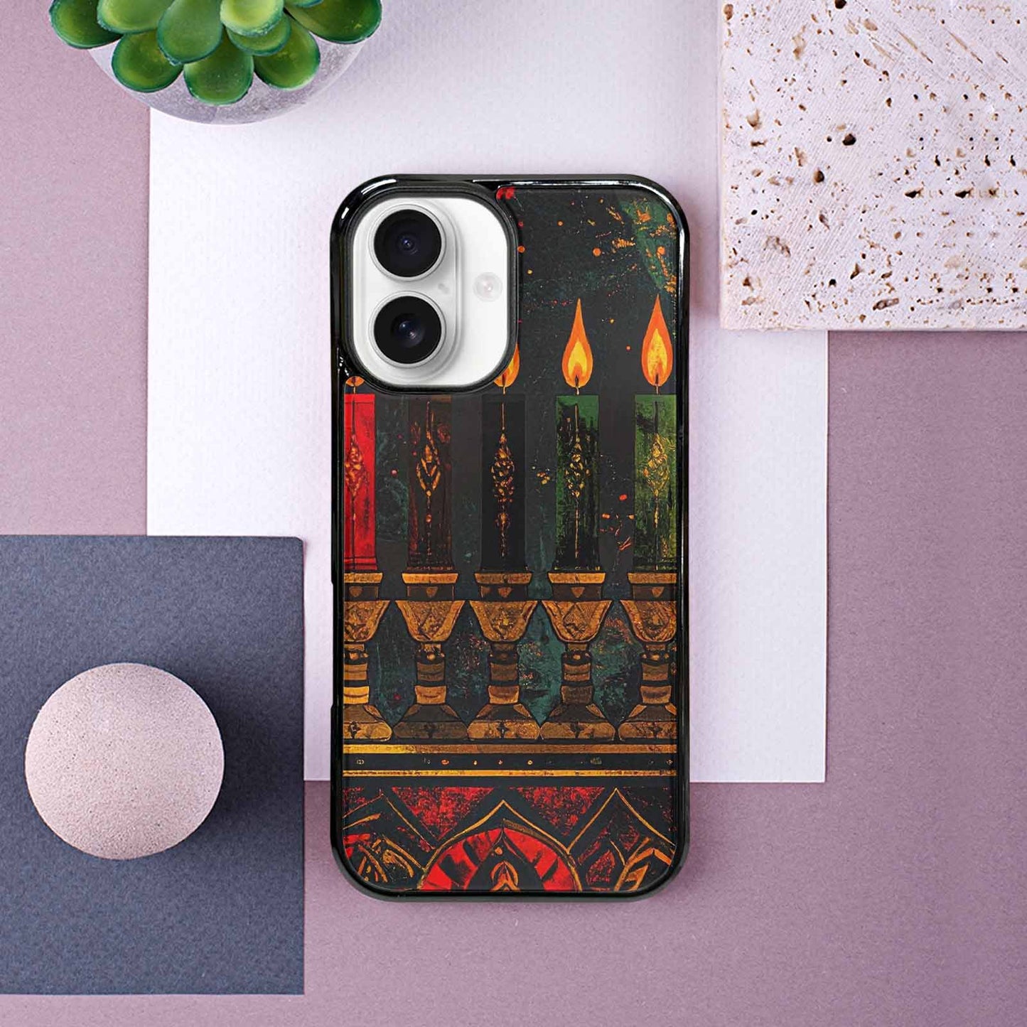 iPhone 16 Case — Kwanzaa Kinara Pattern Seamless Repeat African, Custom Phone Case
