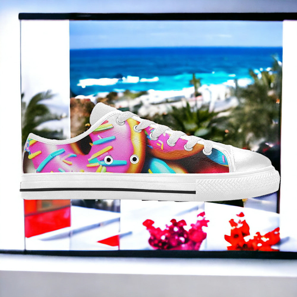 Custom Women's Donut Art high-top canvas shoes with bold all-over art — Freaky Shoes
