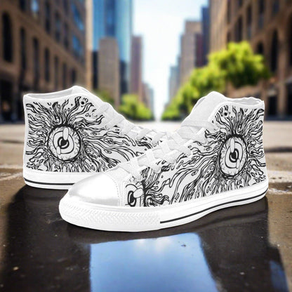 Men's Eyes custom high-top canvas shoes — wearable art by Freaky Shoes