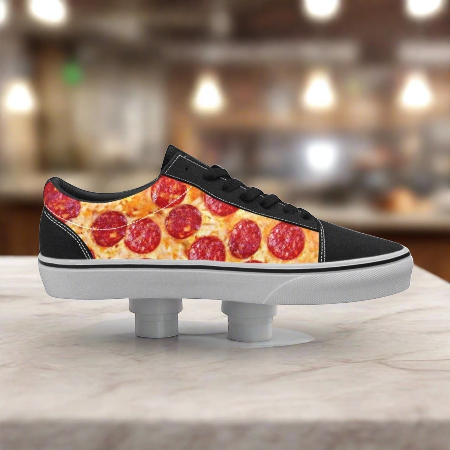 Men's Pepperoni Pizza custom low-top canvas shoes — wearable art by Freaky Shoes