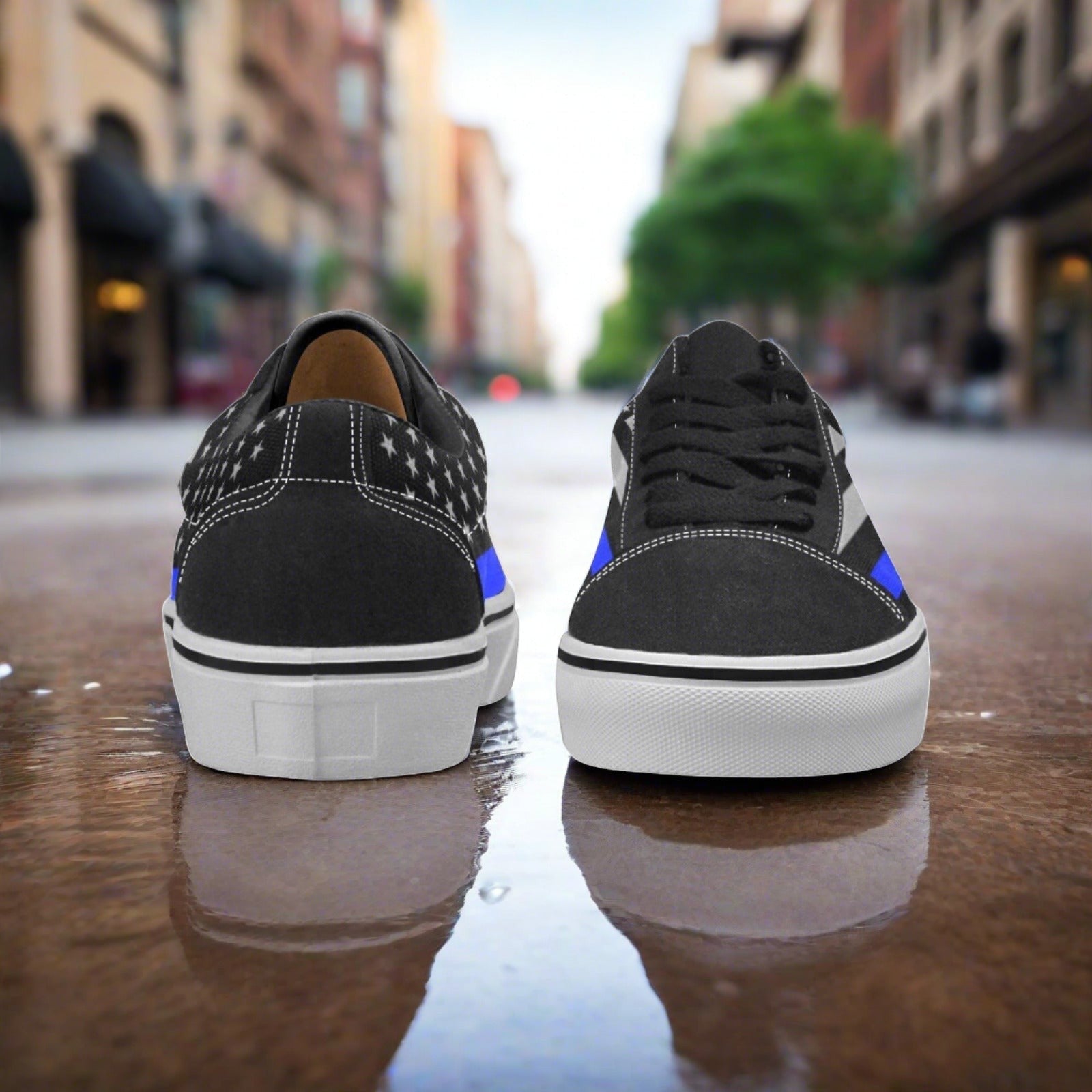 Custom Women's Thin Blue Line Flag Themed low-top canvas shoes with bold all-over art — Freaky Shoes
