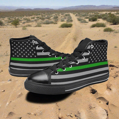 Women's Thin Green Line Flag Themed custom high-top canvas shoes — wearable art by Freaky Shoes