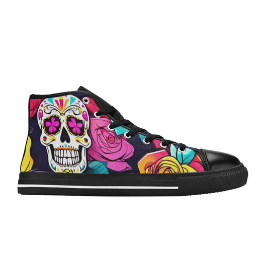 WOMEN'S Colorful Sugar Skull Roses High Top Canvas Wallpaper Art Custom Shoes