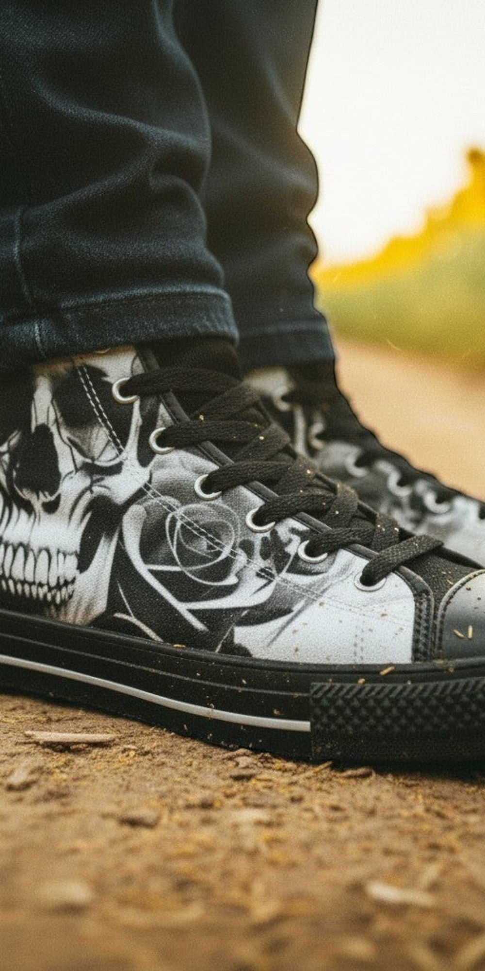 Men's Cartoon Skulls & Roses Black & White custom high-top canvas shoes — wearable art by Freaky Shoes