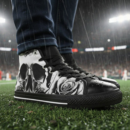 Women's Grey Skull & Roses Black & White custom high-top canvas shoes — wearable art by Freaky Shoes