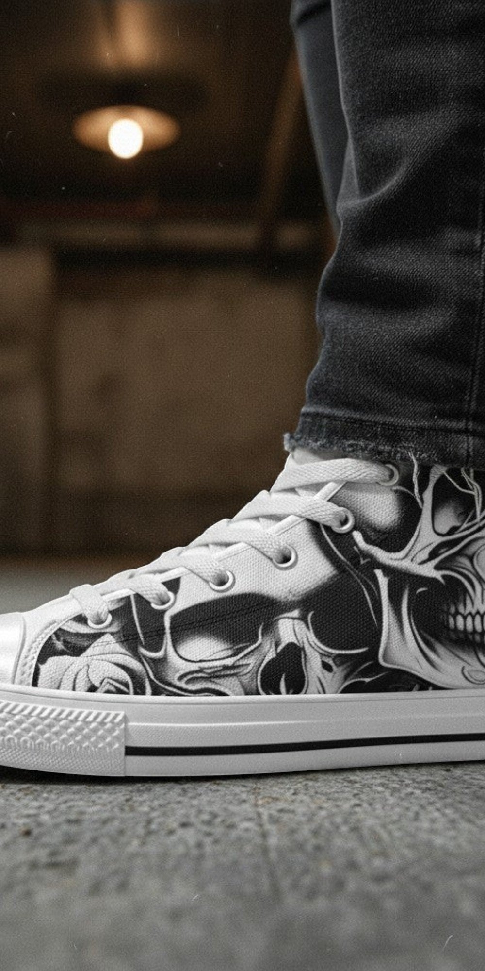 Men's Cartoon Skulls & Roses high-top canvas shoes — one-of-a-kind custom printed art, Freaky Shoes