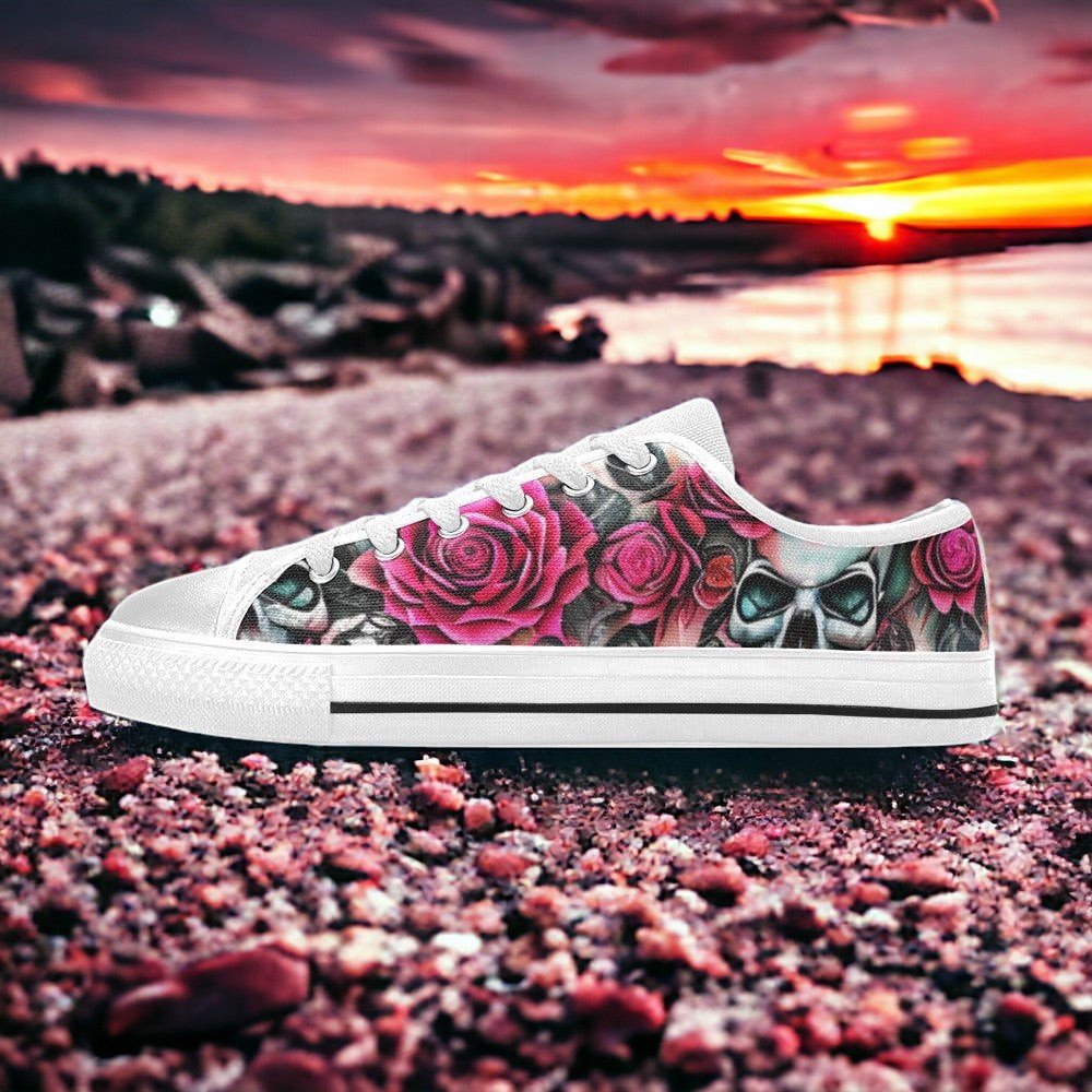 Men's Skulls Roses Deluxe custom high-top canvas shoes — wearable art by Freaky Shoes