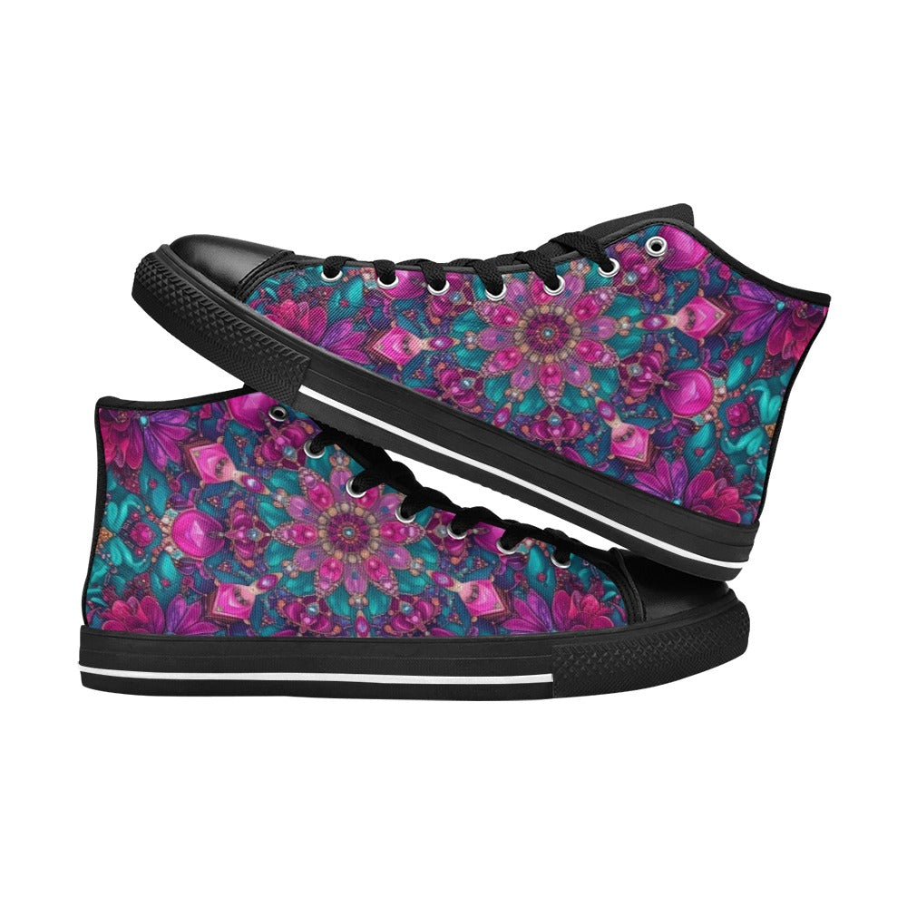 WOMEN'S Feminine Jeweled Skull High Top Canvas Neon Fantasy Custom Shoes