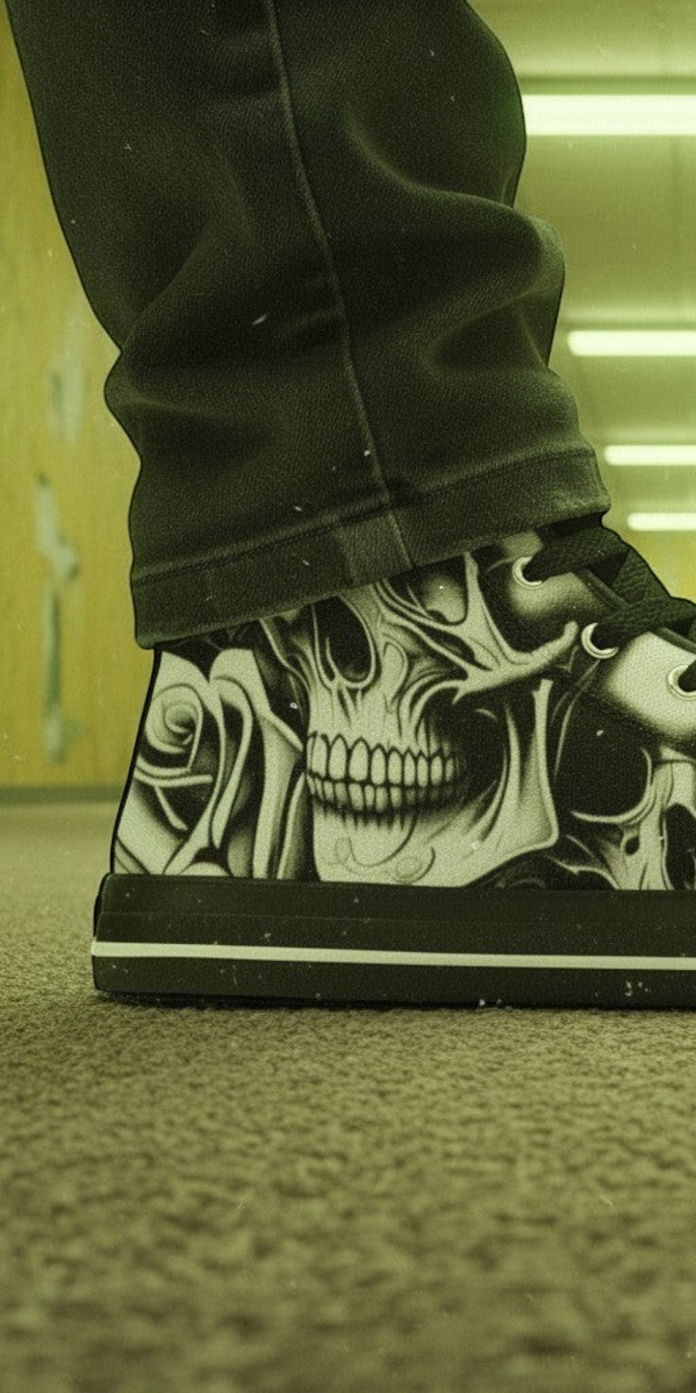 Custom Men's Cartoon Skulls & Roses high-top canvas shoes with bold all-over art — Freaky Shoes