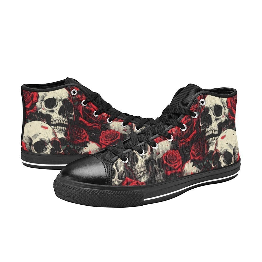 Freaky Shoes custom art sneakers with skull and red rose print, made to order wearable art